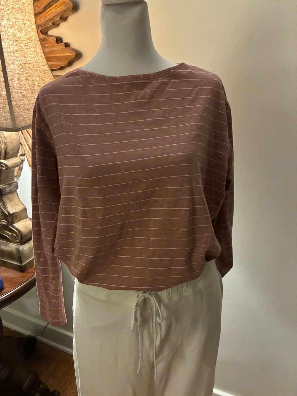 lululemon athletica back in action LS Striped Tee in Dusty Rose and White